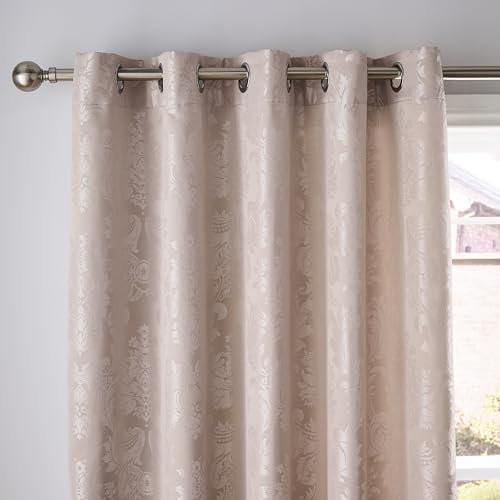 Catherine Lansfield Damask Jacquard 66x90 Inch Lined Eyelet Curtains Two Panels Champagne Gold