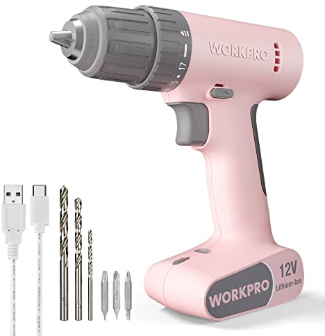 WORKPRO Atornillador Inalambrico 12V, Destornillador Eléctrico Color Rosa, Taladro Atornillador con Velocidades Variables, Luz LED, con 6pc Accesorios