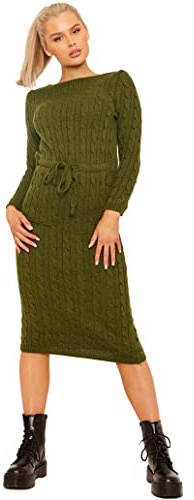 Crazy Girls Womens Cable Knit Belted Midi Dress, Khaki, ML (UK 12-14)