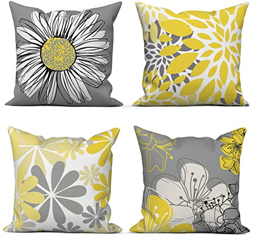 ASDCXZ Gult örngott 45 x 45 cm set om 4, norra Europa modern vår blommor gul grå soffa dekorativa kuddar örngott tvättbar polyester linne textil stoppning örngott