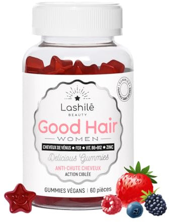 Lashilé Beauty - Good Hair Women - Anti-Chute de Cheveux -Compléments Alimentaires - Made in France - Cheveux de Venus, Biotine, Fer, Zinc, MSM, Vitamine B6, B12 - Cure 1 mois - 60 Gummies