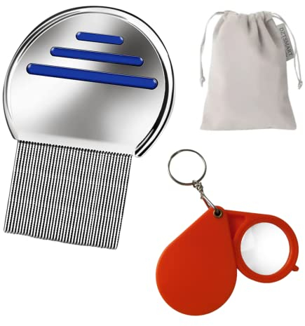 DZTSMART Läusekamm Staub Set,Flohkamm aus Edelstahl Läusekamm Lausinator Nissenkamm, Eier und Nissen– für Kinder Haustiere und Erwachsene mit 10X Schlüsselanhänger Lupe,Aufbewahrungstasche(Blau)