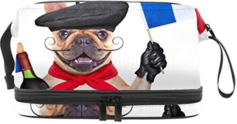 Bolsa de maquillaje – Bolsa de cosméticos de viaje de gran capacidad, bulldog francés con boina de vino tinto, Multicolor, 27x15x14 cm/10.6x5.9x5.5 in