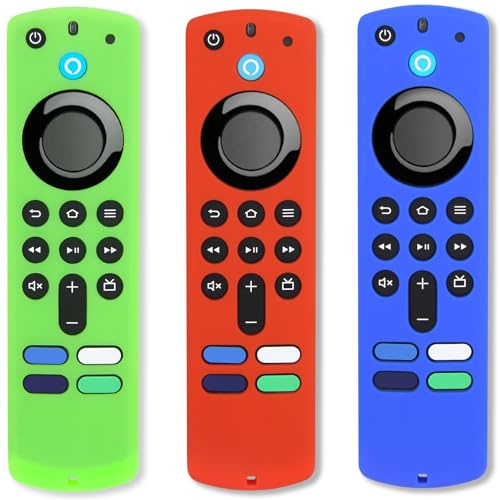 Pinowu Firestick Fernbedienungshüllen (3 Stück) Kompatibel mit Alexa Sprachfernbedienung (3. Gen) mit Fire TV Stick / 4K Silikonhüllen mit Lanyard (leuchten grün,blau, rot) (NOT for 4K 2nd 2024)