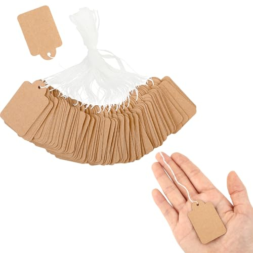 Prasacco 200 Stück Anhänger Etiketten, Kraftpapier Anhänger 3 * 4.8cm Preisschilder Anhänger, Preisschilder Etiketten Geschenkanhänger mit Faden Handmade Hängeetiketten Für Kleidung Schmuck Display