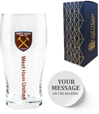 Personligt graverat West Ham Pint-glas, tillverkat med officiell West Ham F.C. Tulpan pintglas, presentförpackad, 570 ml eller 20 oz kapacitet, fotboll ölglas