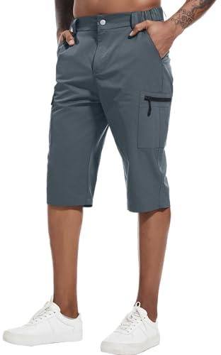 YAOBAOLE Pantaloni corti da uomo a 3/4, estivi, da uomo, traspiranti, da trekking, da uomo, a 3 quarti, per attività all'aria aperta, da uomo con 5 tasche, grigio scuro, L
