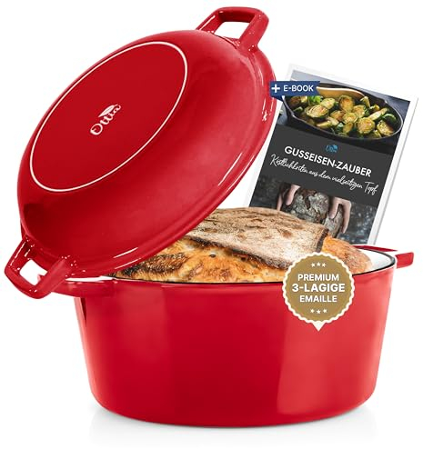 Ottia Pentola in ghisa, 26 cm, coperchio come padella, smalto di alta qualità, casseruola in ghisa, forno olandese, teglia per pane, tutti i piani cottura (anche a induzione), adatta al forno