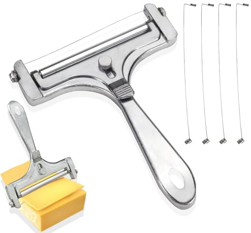 Huakaile Adjustable Cheese Slicer with 4 Extra Wires Replacement, Hand Held Wire Cheese Cutter Shaver, Heavy Duty Aluminum Alloy Cheese Slicers for Block Cheese (Silver)