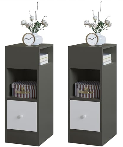 EUGAD Nachttische, 2er Set, schmal, Beistelltisch mit 2 offenen Ablagen und 1 Schublade, 25x66x30 cm, Nachtschrank im Schlafzimmer, Nachtkästchen aus Holzwerkstoff, dunkelgrau, 0010CTG-2