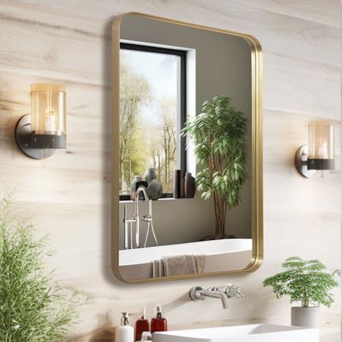 LunaMirror Wall Mirror 50x75 CM Wall-Mounted Bathroom Vanity Mirror Shadow Box Gold Frame Home Decor Rectangle Hanging with Curved Corners for Hallway Entrance Living Room Bedroom