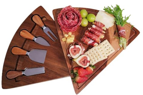 Tiersphere Käse-Schneidebrett aus Akazienholz, Fächerform, Charcuterie-Brett, individuelles Servierbrett, mit Messer-Set, ausziehbare Schublade, ideal für Solo-Essen, Zuhause, Partys, Weinproben,