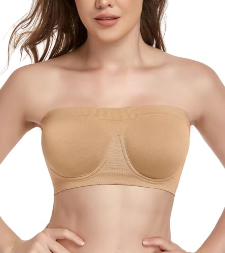 Lemorosy Women's Non Padded Underwire Strapless Bra Multiway Bandeau Tube Top Bralette(Beige,XXL)
