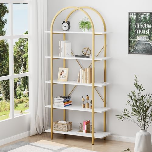 Arbuxzuy Arched Bookshelf 5 Tier Book Shelf, 31.5 Inch Width Industrial Arch Bookcase, Curved Tall Bookshelf with Open Shelves for Home Office, Living Room, Bedroom, Gold