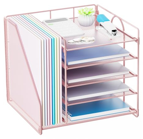Restorgan Organiseur de Bureau à 5 Niveaux – Rangement de Documents avec Porte-Fichiers, Corbeille à Courrier en Maille Métallique – Rose