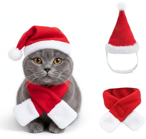 Lot de 2 costumes de Noël pour chat et chien - Bonnet de Noël réglable et écharpe - Costume de Noël pour animal de compagnie - Rouge - Décoration pour animaux de compagnie