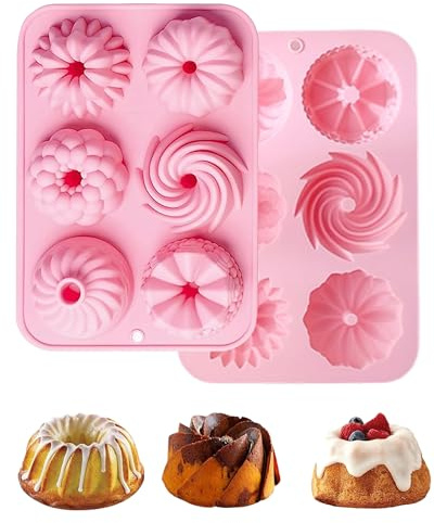 Thapncow 2 Pièces Moule à Gâteau en Silicone, Petit Moule à Savarin,6 Formes Différentes de Motifs de Rainures Moule a donuts, Cavités pour la Cuisson pour Cupcakes,Muffins,Chocolats