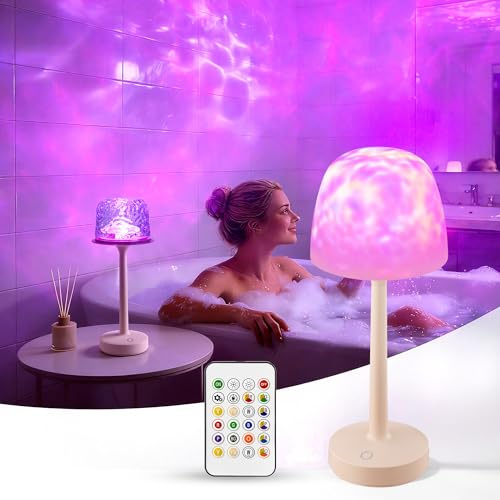 Yoomue Waterproof Shower Lamp with Ocean Wave Projector for Bathroom, Cordless Rechargeable Bath Light with 16 Color Changing,Table Lamp for Bathtub, Night Shower & Relaxing Dating, Mothers Day Gifts