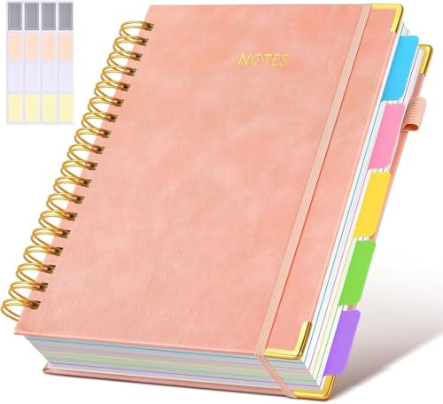Hardcover Spiral Notebook Journal with Removable Dividers Tabs, 300 Pages Leather 5 Subject Notebook College Ruled, B5 Notebooks for Work School Note taking, Lined Journal for Women