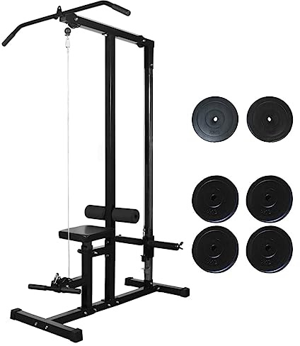 Fitnessstation mit 40 kg Gewichtsscheiben, Latzugturm, 3-Fach einstellbarem Beincurler und Zwei 10-kg sowie Vier 5-kg Scheiben
