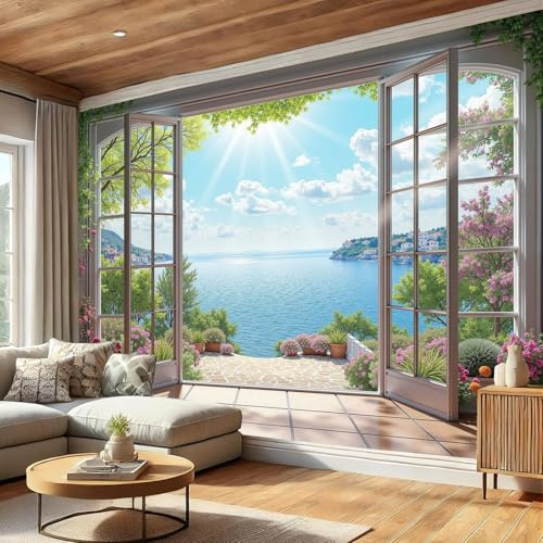 Bahía Mediterránea 3D Papel Pintado Fotomurales Para, Curación Natural Papel Tapiz Pintado En Tejido de seda - Pared Moderna, Marrón Cálido Murales Fotográficos Decorativos - 250 x 175 cm