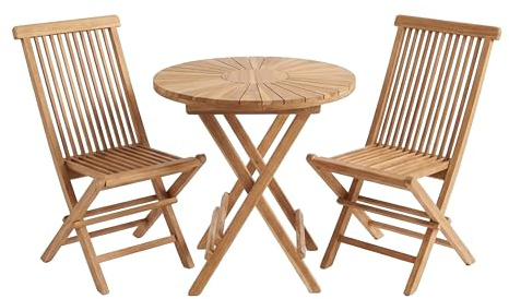 AXI Gia/Mina Conjunto de Bistro de Teca, 3 Piezas | Conjunto de Bistro con 2 sillas Plegables - Mesa de Jardin Redonda Plegable de 60 cm | Conjunto de Jardin de Madera para Balcon, terraza y Jardin