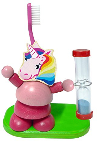 Hess Holzspielzeug 14588 - Zahnputzuhr aus Holz für Kinder, Serie Einhorn, inkl. Zahnbürstenhalter und drehbarer Sanduhr, handgefertigt, zur täglichen Nutzung beim Zähneputzen