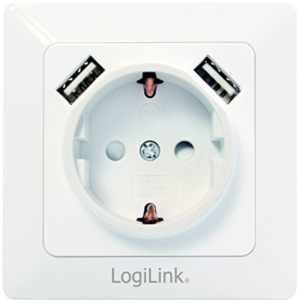 LogiLink PA0162 Protective Contact Socket with 2 x USB for Charging Smartphones, Mobile Phones, eBooks, Tablets, etc., Flush-Mounted Box (DE 80 x 80 mm) with Child Protection