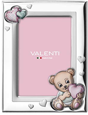 VALENTI & CO. 73115-3LRA - Cornice Porta Foto in Argento con dettaglio orsetto dipinto a Colori da Tavolo o Comodino per la Cameretta del Bambino perfetta come Idea Regalo Battesimo o Compleanno, rosa