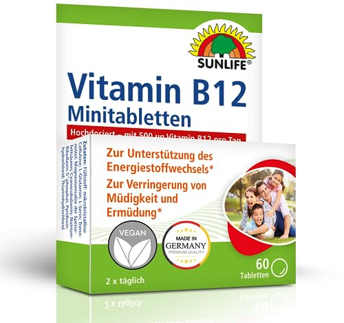 SUNLIFE Vitamin B12 Mini-Tabletten - 1x60 Stück - hochwertige Nahrungsergänzungsmittel mit 500µg Vitamin B 12 - Vitamin B12 Tabletten mit Vitamin B1 / B2 & B6 - hochdosiert / gluten- & laktosefrei
