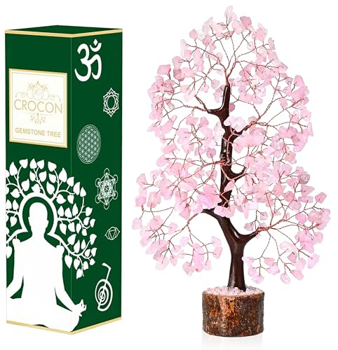 Crocon Quarzo rosa Pietra preziosa Albero della vita Albero di cristallo per regali curativiper la casa Buona fortuna dei soldi Regali di compleanno spirituali per le donne la sua dimensione: 10-12