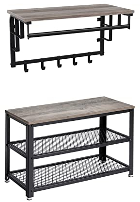VASAGLE Schuhbank, Wandgarderobe, Schuhregal mit Sitzfläche und 2 Ablagen, Wandregal mit Kleiderstange und 5 abnehmbaren Haken, für Flur, Schlafzimmer, Wohnzimmer, Greige-schwarz LCR100B02