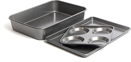 MasterClass Set of Non-Stick Large Roasting Pan, 39x28x7cm, Baking Tray 39x27x2cm, Four Hole Yorkshire Pudding Pan 24cm