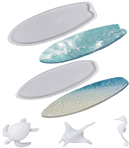 Cayway Surfboard Resin Tray Molds, 2 Style Surf Board Epoxy Molds Silicone Large Tray With Fish Turtle Seahorse Mould Filler for DIY Ocean Waves Art, Serving Tray