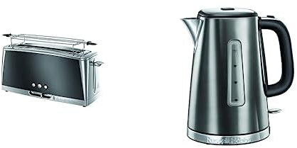 Russell Hobbs Tostadora Luna Moonlight Grey 1 Ranura Larga para 2 Rebanadas, Acero Gris 23251-56 + Hervidor de Agua Eléctrico 1,7 litros 23211-70 + Cafetera de Goteo 12 Tazas, Programable 23241-56