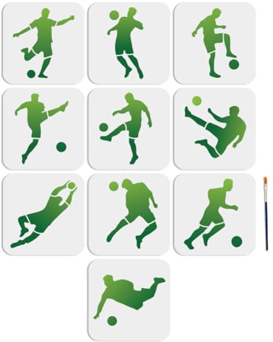 MAYJOYDIY 10 Stück Fußballspieler Schablone 15x15cm Dekorative Fußballer Sport Zeichenschablonen Mit Malpinsel Fußball Malschablonen Für Holz Leinwand Papier Stoff Wanddekorationen