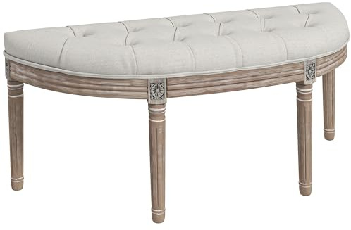HOMCOM Banc Bout de lit Banc d'entrée en Forme Demi-Lune, Banquette capitonnée, Style Louis XVI, Structure en Bois Massif sculpté, patiné, siège en Tissu Aspect Lin, crème
