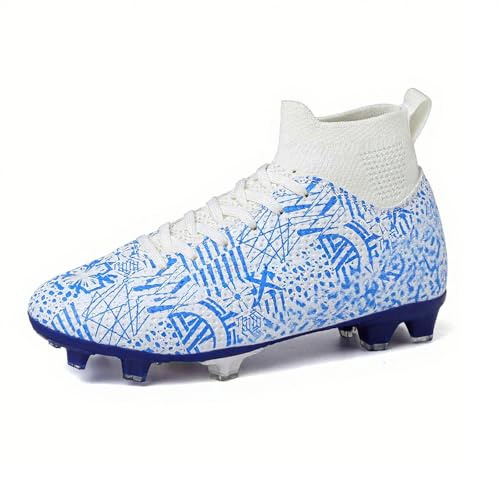 RDYLBU Children's Football Boots for Boys Girls AG, White Blue, 10 UK Child