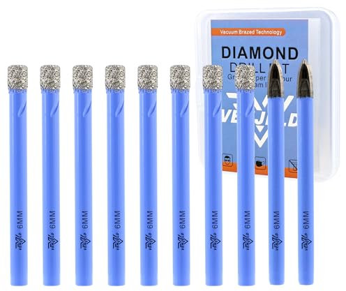 VENJELD Juego de Brocas Diamante Seco - 6mm 8 Piezas Corona Diamnate y 2 Piezas 6mm Taladro Carburo para Porcelana Cerámica Mármol Granito - Vástago Redondo con Estuche
