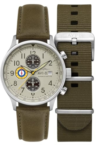 AVI-8 Hawker Hurricane Orologio da pilota da uomo, cronografo classico, movimento al quarzo giapponese, cassa in acciaio inossidabile da 43,5 mm, cinturino in pelle, AV-4011, Cachi verde, 43.5