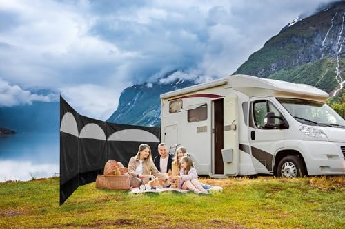 Freshnewlooks Camping Windbreak 5m x 1.5m 3 Panel Screen | Lightweight Wind Blocker Portable Shelter with Ground Pegs, Guy Lines & Carry Bag for Beach, Garden, Caravan & Campsite (Dark Grey/Black)