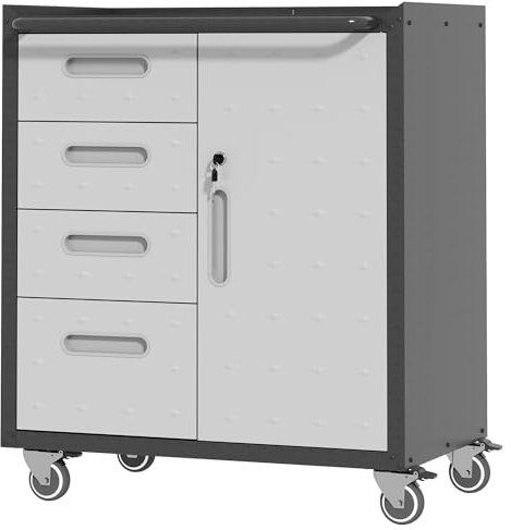 BIZOEIRON Werkzeugschrank, Metallschrank mit Rädern, Garagenschrank mit 1 Tür und 4 Schubladen, Rollender Werkstattschrank, Montage Erforderlich, Schwarz & Grau