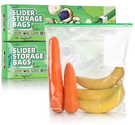 Tuocal 50 Stück Druckverschlussbeutel, Gefrierbeutel (4,55 l), wiederverwendbare Lebensmittelaufbewahrungsbeutel mit erweiterbarem Boden, BPA-freier Schieber, Sandwichbeutel für Obst, Gemüse, Getreide