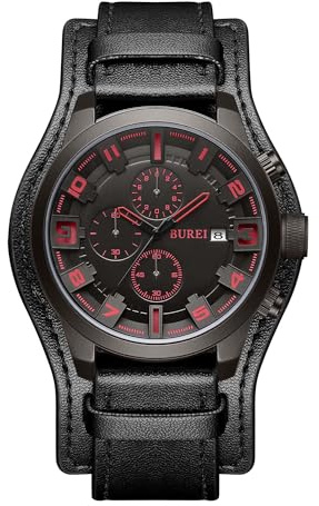 BUREI Herrenuhr Chronograph Vintage Braun Lederarmband Multi Zifferblatt Kalender wasserdichte Uhr Simulierter Quarz Klassische Sport Herrenuhr Geschenk (Schwarz Rot)