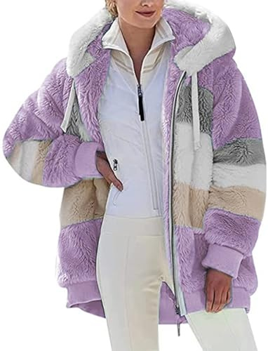 Livonmone Fleece Jacket Hoodie Women's Hooded Sweater Teddy Fleece Warm Autumn Winter Coat Stylish Zip Fur Coat Plush Jacket with Pockets, purple, L