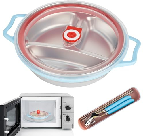 RUCUDIM Assiette à micro-ondes 850 ml, assiette avec couvercle, bol à micro-ondes avec couvercle à 3 compartiments avec ventilation, vaisselle avec fourchette, cuillère, baguettes sans BPA (bleu)