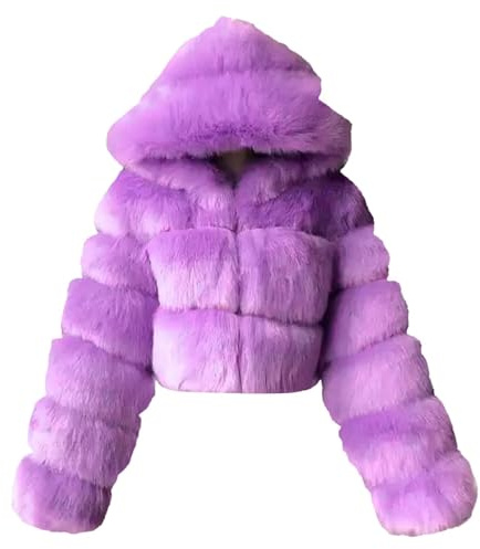 Veste courte pour femme en fausse fourrure avec capuche - Veste crop moelleuse au look rayé - Veste d'hiver tendance pour un look glamour, Style_n05 Violet, L