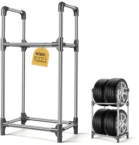 EXLECO Porta gomme 4 Pneumatici, 57x37x114cm Supporto con Copertura Protettiva, per Cerchi Auto, Scaffalatura da Officina, Garage, Supporto per Gomme, Acciaio Inox Grigio Argento, capacità 200kg