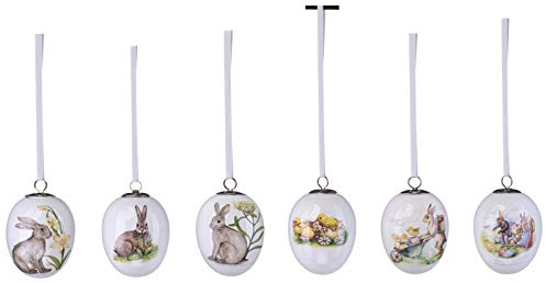 kleine weiße Porzellan Deko Eier - bunte Motiv-Eier mit Hasen bedruckt 7.5 x 5.5 cm zum Aufhängen - 6-teiliger Oster- oder Frühlingsschmuck für Bäume, Sträucher, Fenster oder Türen