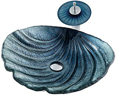 Concha Lavabo de Cristal con Grifo de Cascada, Lavabo de Vidrio Templado Suave Lavabo sobre Instalación en Encimera Lavabo sobre para Baño, 480mm*420mm*160mm*12mm,Azul